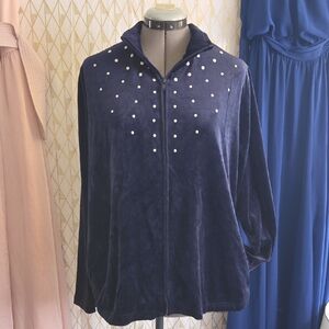 Navy Blue Velour Jacket with Pearl Accents